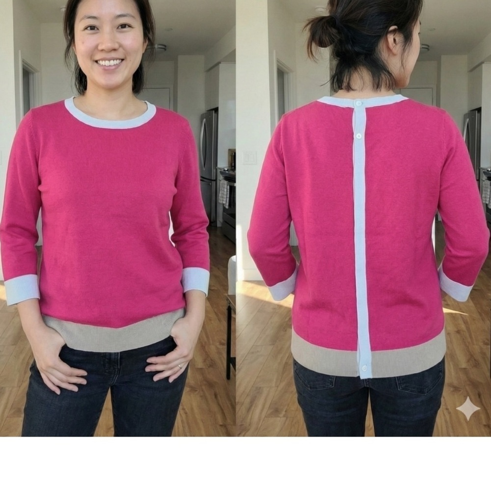 Talbots Pink Silk Cotton Colorblock Back Button Sweater Medium M Preppy